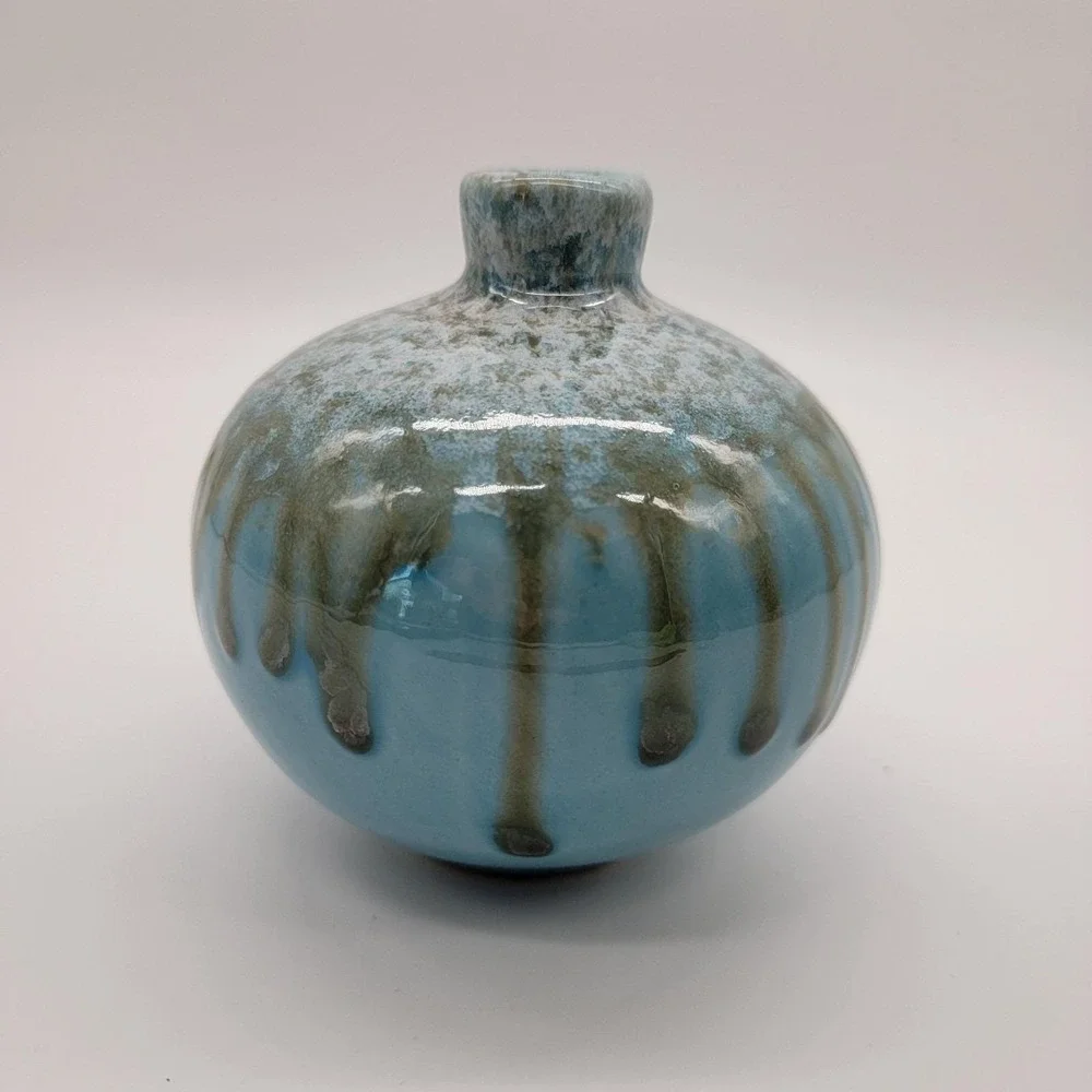 Bud Vase Pottery Teal Turquoise Drip Glazed Olive Green Ceramic Home Decor